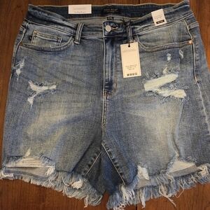 Judy Blue Distressed Blue Jean Shorts with Frayed Hem